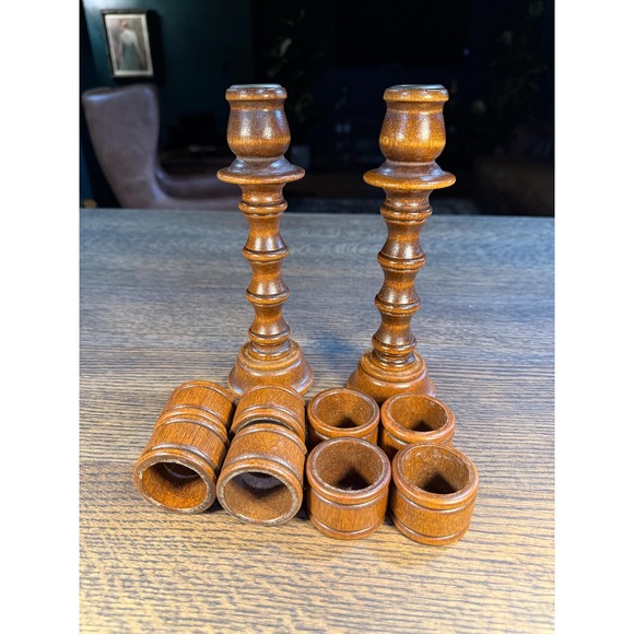 Vintage Wood Candlesticks with Hidden Napkin Rings – Set of 2 8.25\